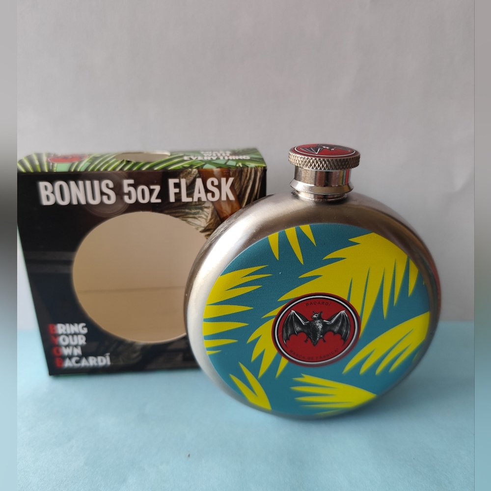 Bacardi Tropical Flask Stainless Steel Bat Logo 5 oz  NIP
